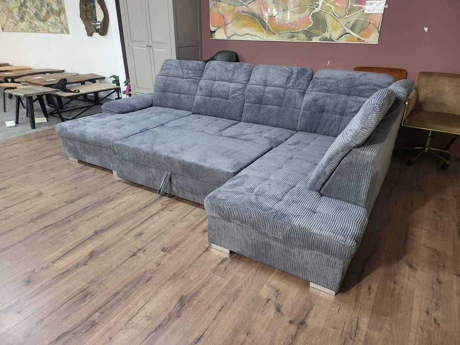Сив П - образен ъглов диван от плат рипсено кадифе Nixon с функция сън