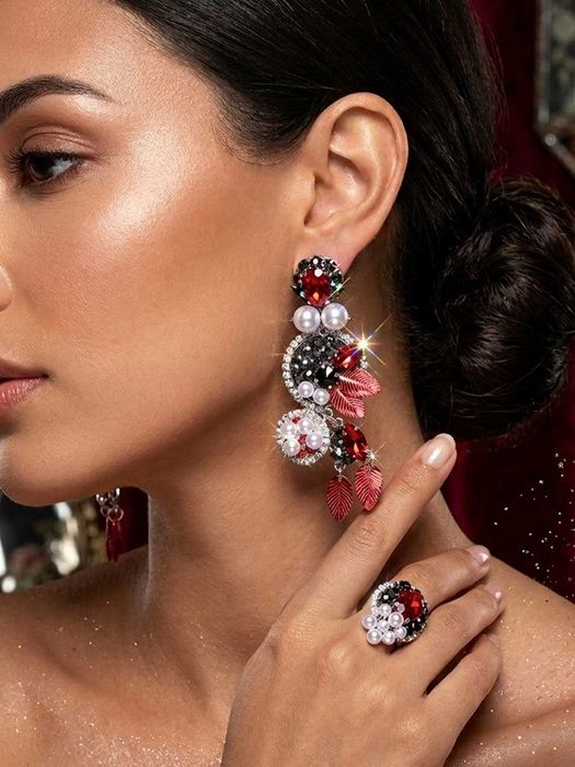 Дизайнерска ръчна изработка комплект обеци и пръстен с черни камъни Swarovski, перли и кристали