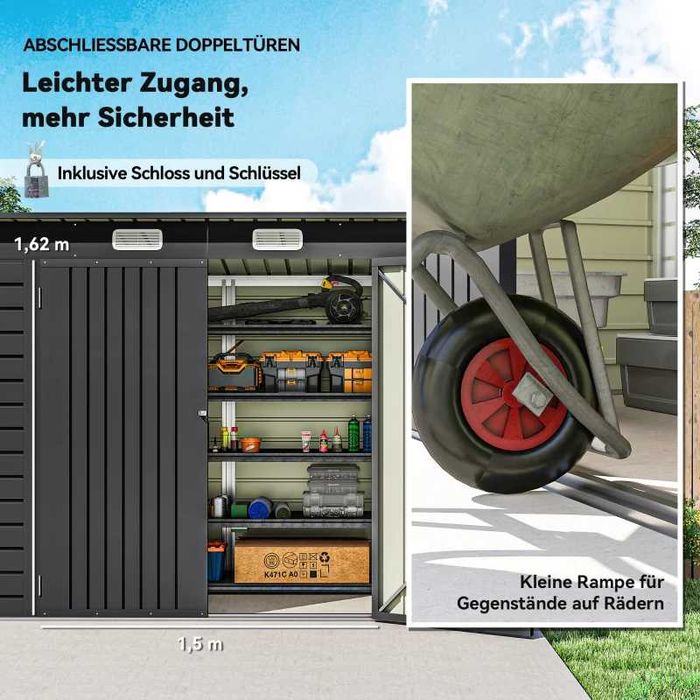 Градински навес от стомана Outsunny, двойни врати 249Шx121Дx166/183Всм