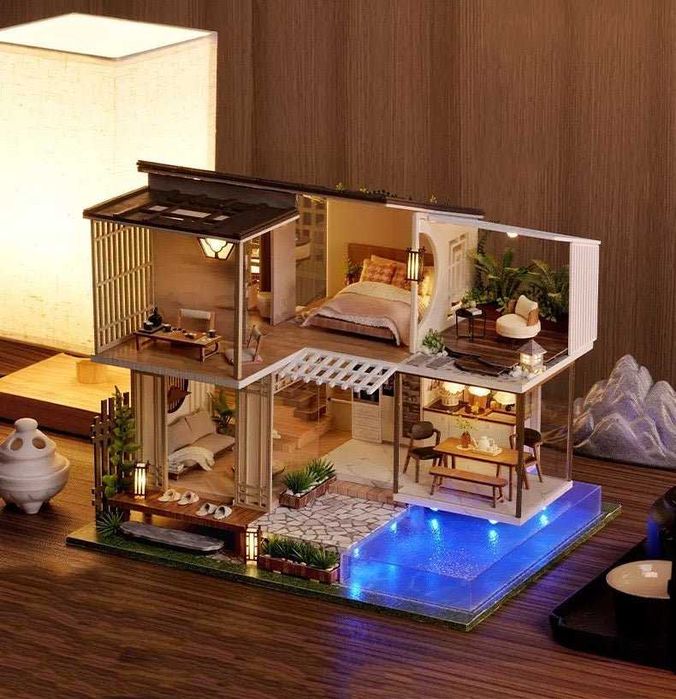 Joc interactiv,macheta casuta de asamblat, miniatura, Casa cu piscina