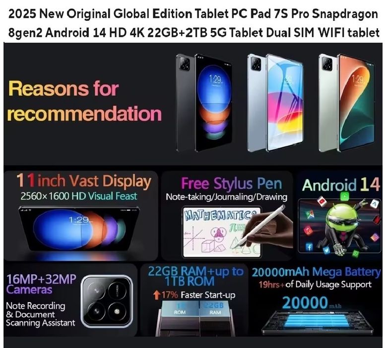 Tablet PC 2025 Pad 7S PRO 5G Wi-Fi 7 22GB + 2TB 20000mAh