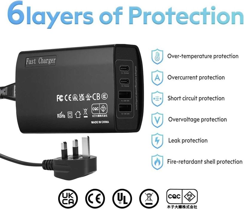 Универсално зарядно 100W, 2 USB-C + 2 USB-A порта, черно ; бяло