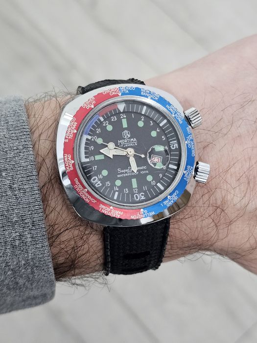 Ceas Diver Mortima Super Datomatic World Time Pepsi 1970 Vintage
