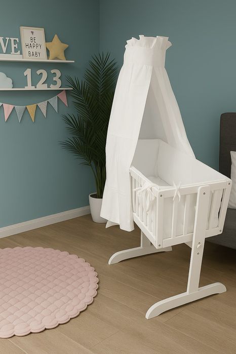 Vând set complet leagan patut bebelus, lemn masiv, cu set lenjerie 6 Piese