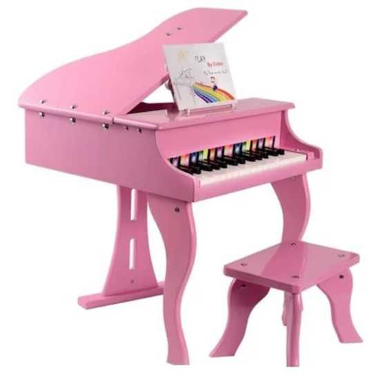 Pian de lemn pentru copii scaun inclus 48 cm alb / negru / roz