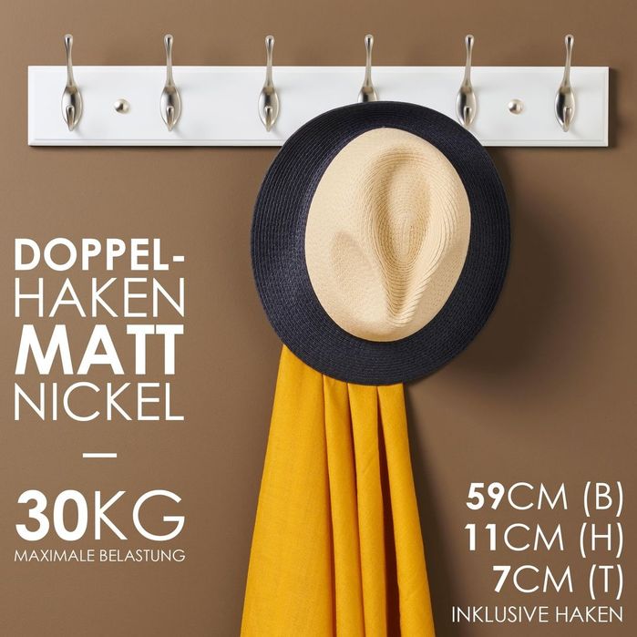 Cuier de haine LARHN de perete cu 6 cârlige – nichel mat 59cm