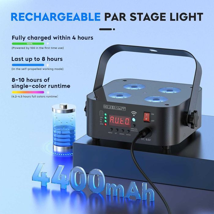 Мини акумулаторни сценични светлини, 4 * 18W RGBWA UV 6 в 1, захранвани от батерии