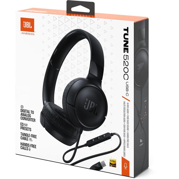 Casti JBL Tune 520C, Cu fir, On-ear, Microfon, USB-C, negru
