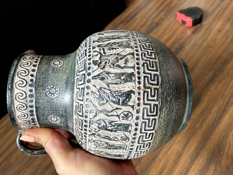 Ръчно изработени гръцка кана и чиния, керамична масивна ваза