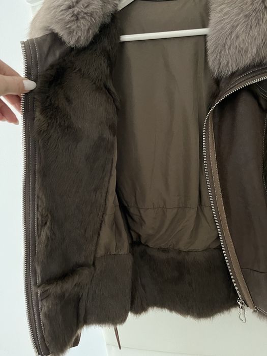 Geaca bomber cu blana de iepure interior, guler vulpe