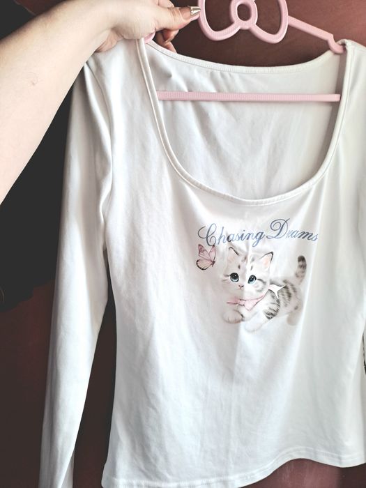 Bluza alba damă cu pisicuța bluza XL