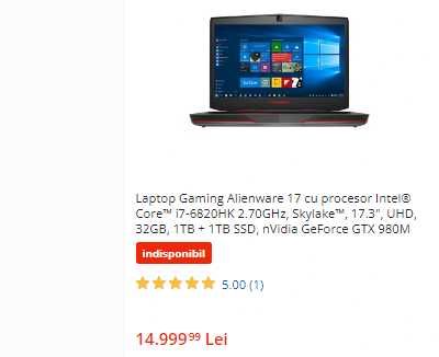 Laptop gaming alienware cu display mare de  17,3" touchscreen  ,intel core i7 , video 8 gb nvidia , ram 32 gb, ssd 1 tb