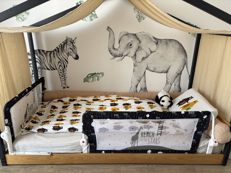 Pat tip casa cu somiera si saltea incluse 90x200