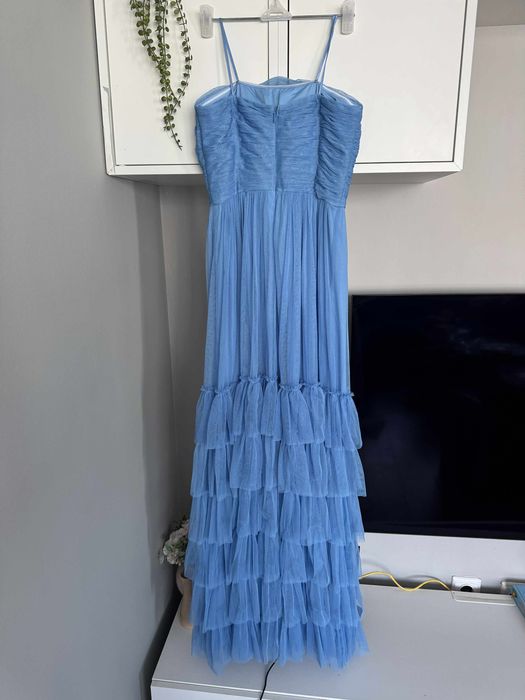 Официална дълга рокля тюлена с тюл синя lace&beads