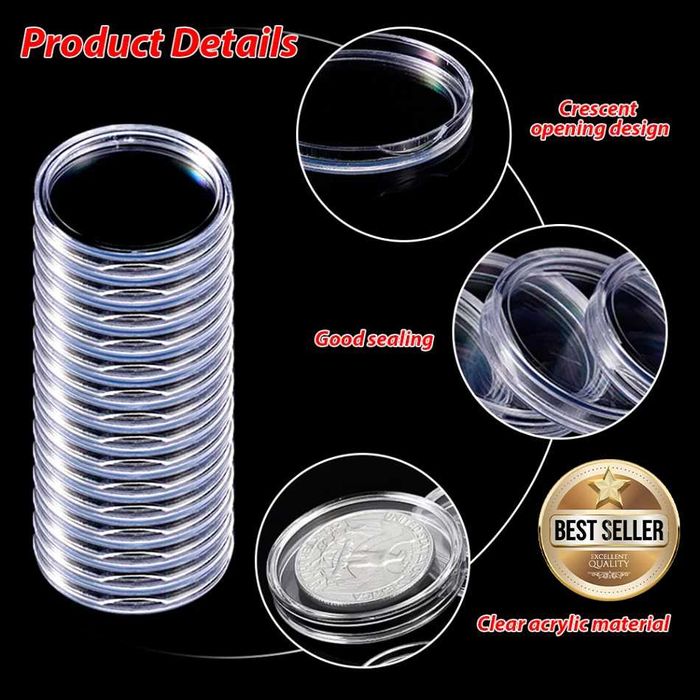 10 бр. прозрачни кръгли кутии за монети от 15 до 50 мм пластмасови