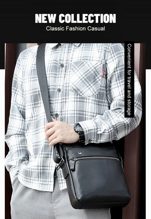 Мъжка черна кросбоди чанта /Елегантен стил от Естест.кожа -10%Промоция