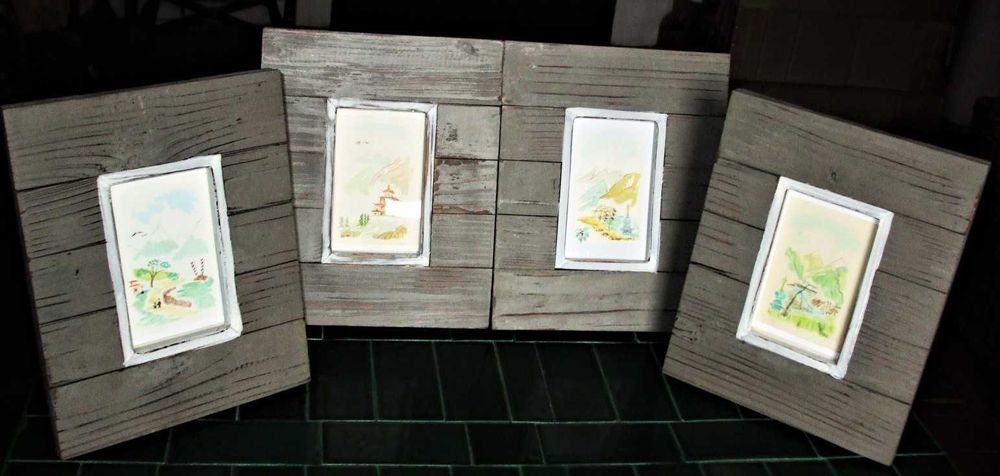 Set 2 mini-acuarele cu peisaje din Tibet în rame din lemn patinate gri