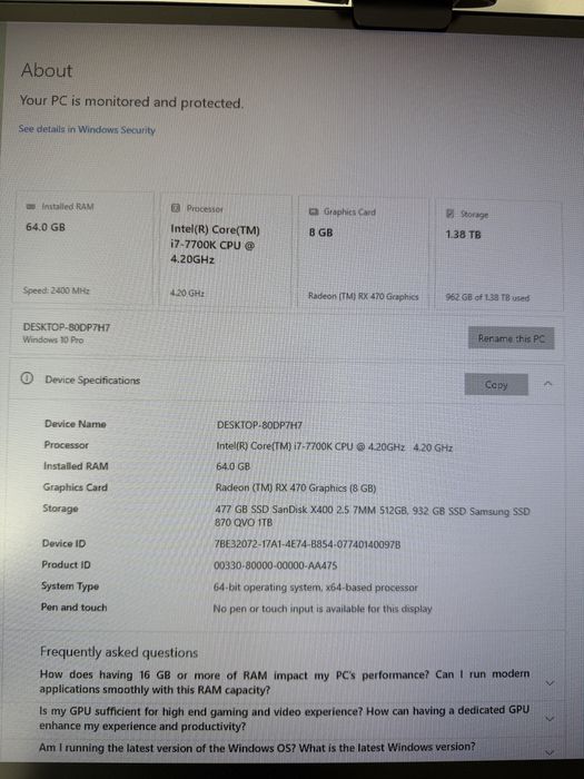 Pc desktop i7 64bg ram 1,5 tb ssd