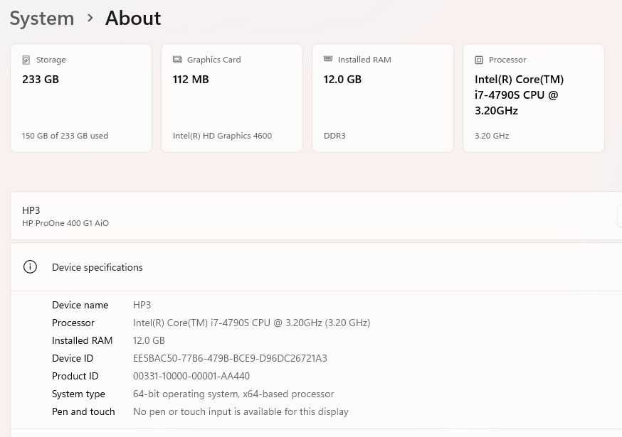 ALL IN ONE HP PRO I7 4790S, 12G ddr, 256G Crucial , 5G wireless