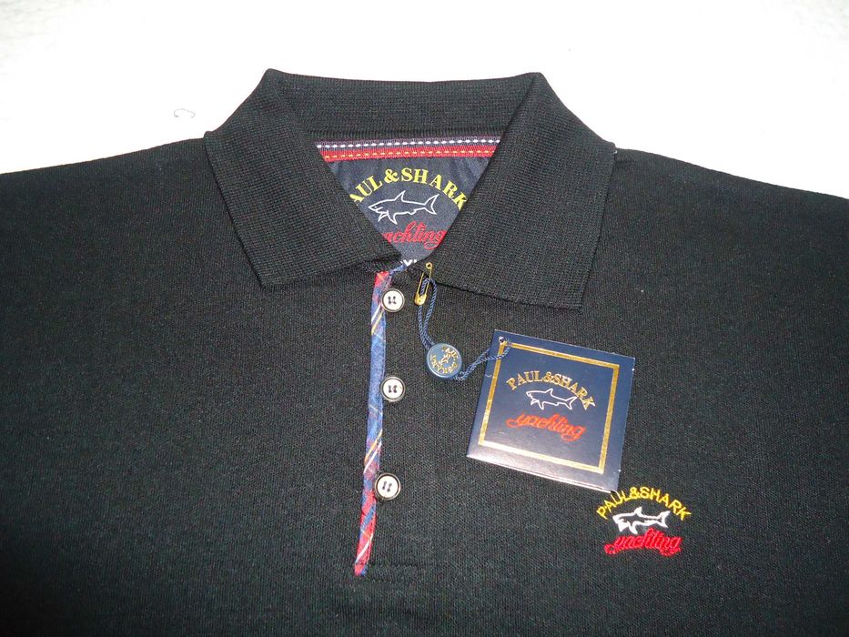 Pulover negru barbati 3 nasturi guler polo lana pura virgina P & Shark