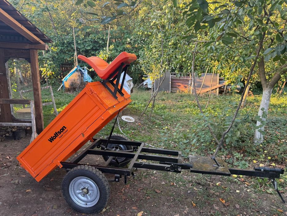 Remorcă motocultor Wolfson 500 kg, basculabilă, cu frână și suspensie