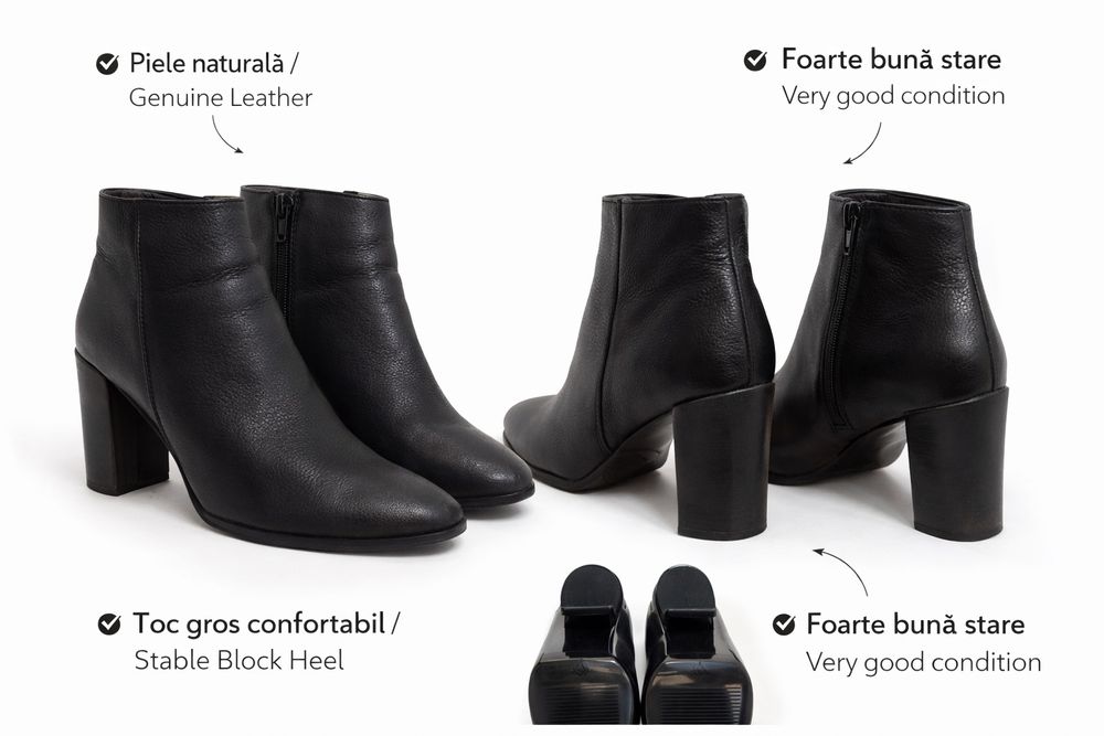 Botine negre din piele naturală, toc gros, mărimea 38