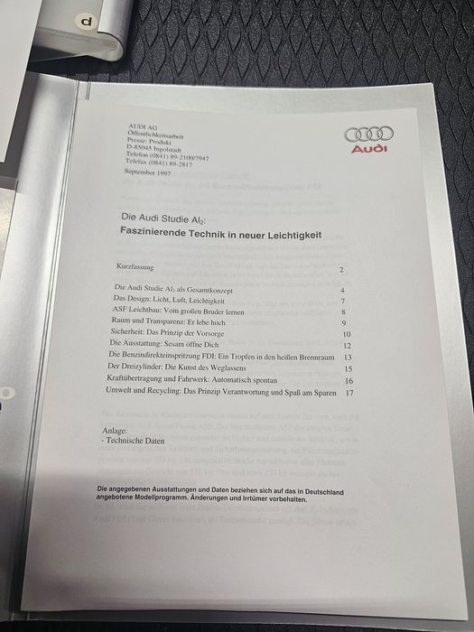 Mapa de presa de la IAA Frankfurt 1997 cu Audi Al2 (studie/concept)