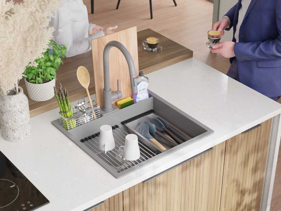 сива кухненска мивка за вграждане Берген 60 Double Pocket 560x540 мм