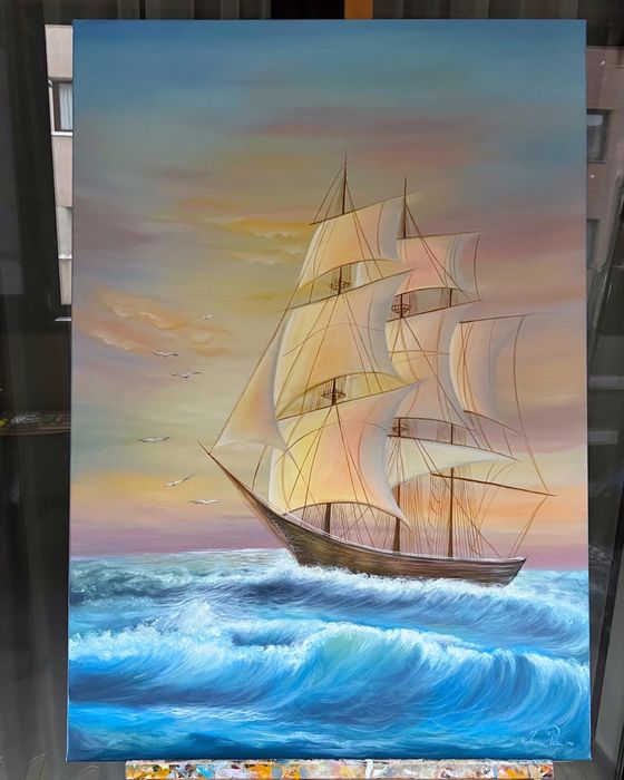 Tablou ulei vapor pe mare