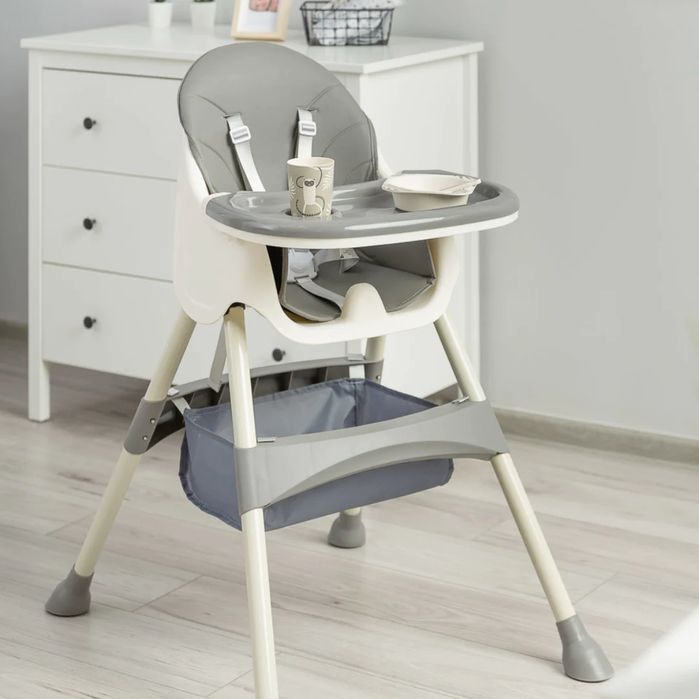 Scaun de Masa Pliabil 4in1 KinderVibe 6 Luni +, Tavita, Husa Detasabile,Roti, Centura Siguranta 5 Puncte,Ajustabil Inaltime, Cos Depozitare, Dove Grey
