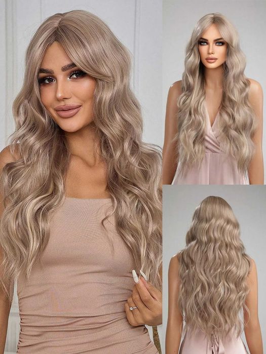 Пепелно руса вълнообразна синтетична перука с дълъг бретон