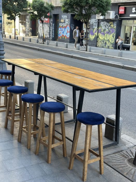 Set masa exterior cadru metalic blat stejar stratificat scaune bar