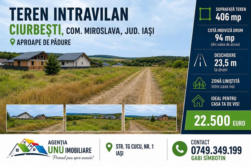 Teren intravilan 406 mp în ciurbești, miroslava, iași deschidere 23,5m