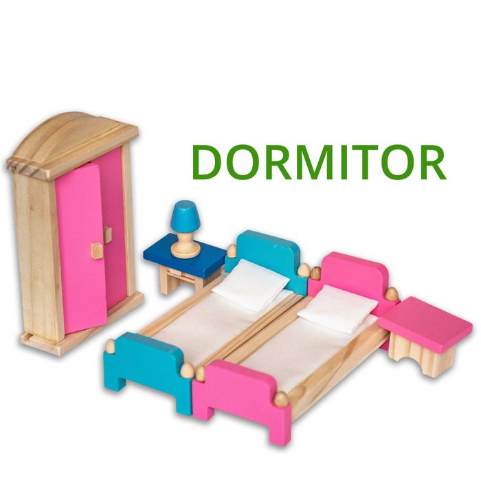 Casuta de papusi cu mobilier din lemn, asamblare fara unelte in 6 pasi