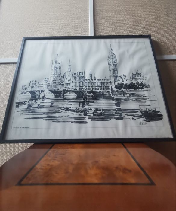 Антикварна картина в рамка и паспарту литография гравюра 38,5 х 52,5см