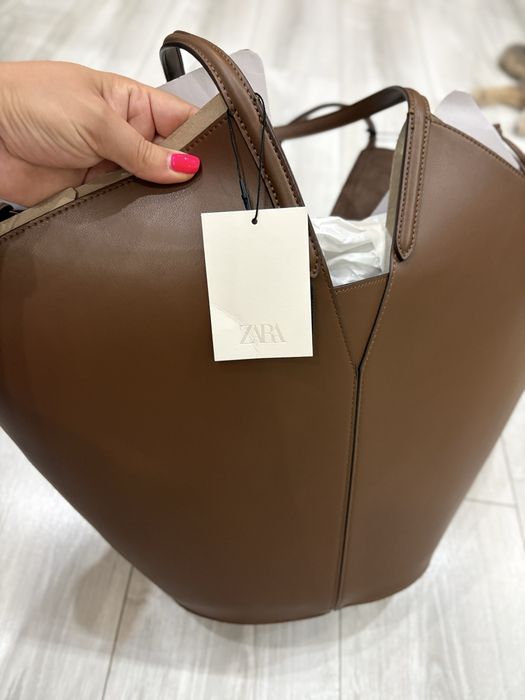 Zara голяма стилна дамска чанта в кафяво