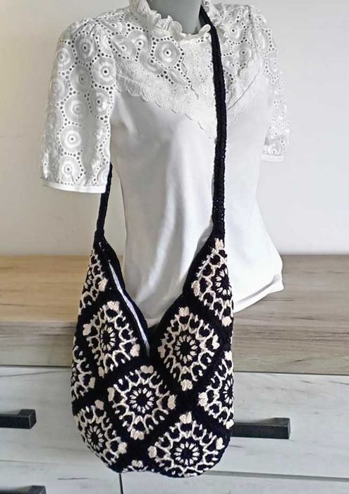 Geantă handmade alb-negru din bumbac | Unicat