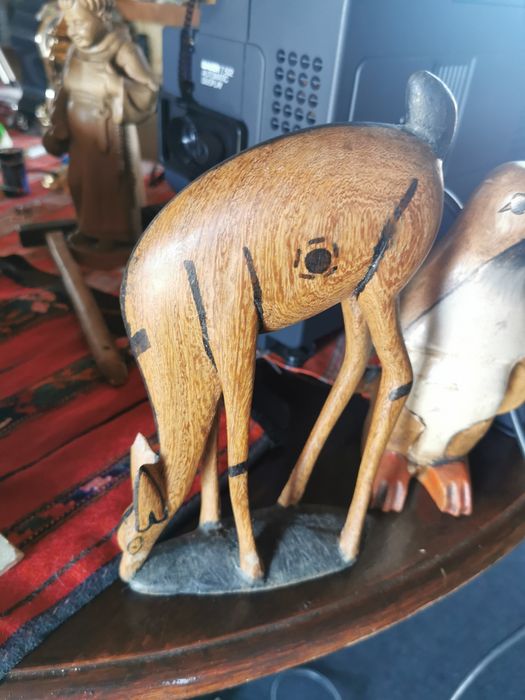 Set statuete lemn vechi, scrumiera abanos elefant