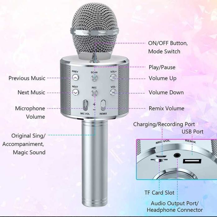 Microfon karaoke WS-858 , Boxa Inclusa, SD Card, USB, AUX, argintiu
