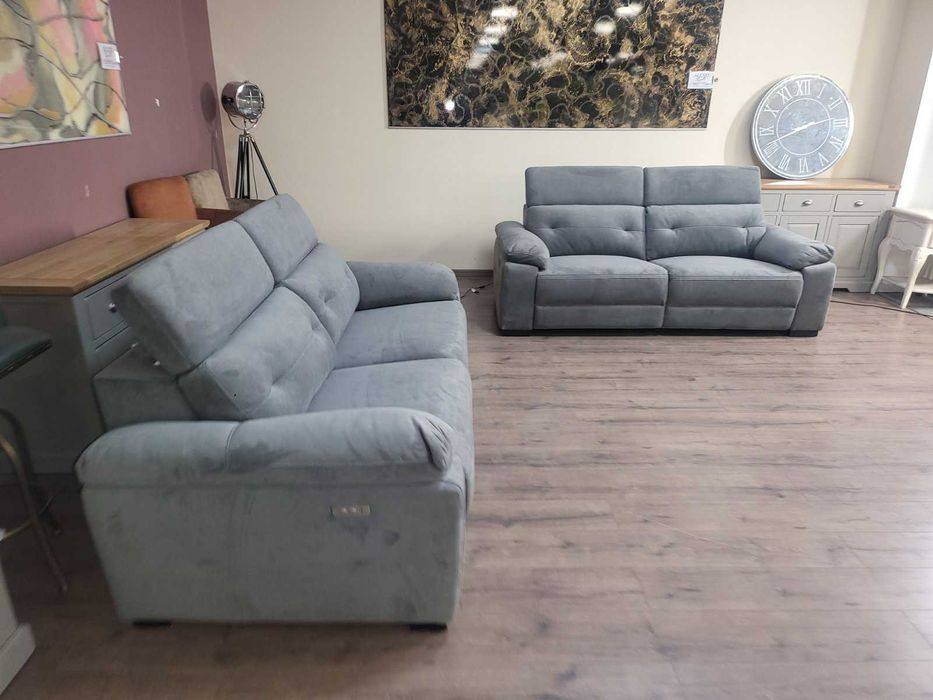 Сив комплект дивани от плат две тройки с ел релакс механизъм