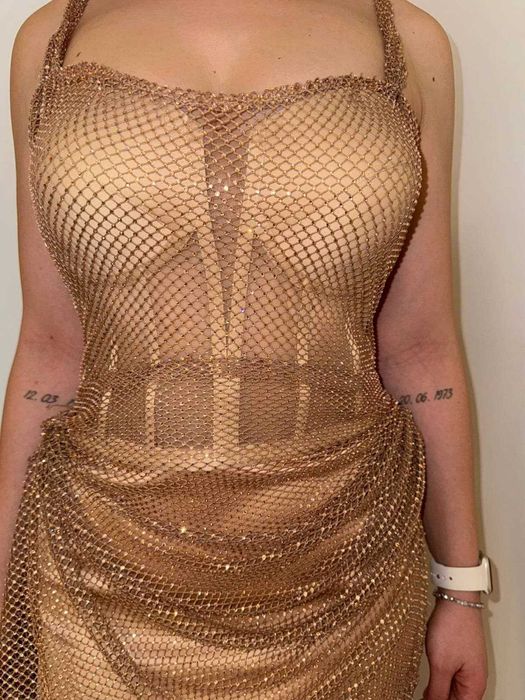 Rochie de seara - culoare rose gold / cupru - material plasa pietre