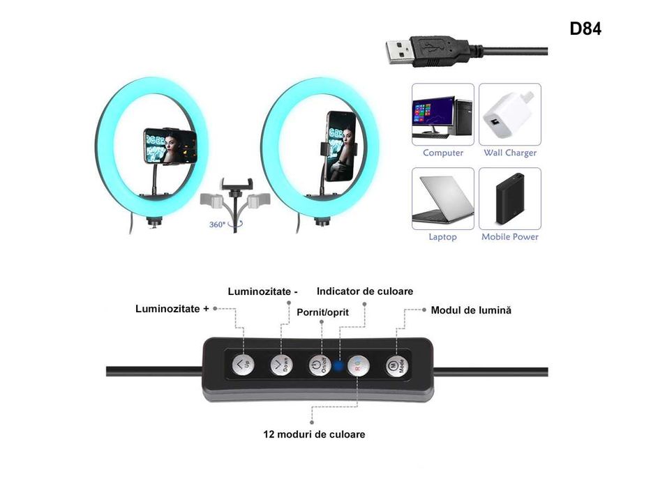 Ring Light LED 13" Fotog Lampa Circulara Trepied 210 cm și Suport Tlf
