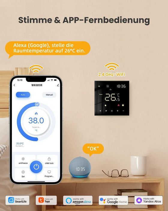 Termostat MIUCDA WiFi Smart Programabil Pentru Incalzire Pardoseala Si Centrala Compatibil Tuya Alexa Google Negru