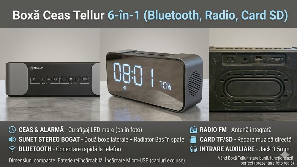 Boxă portabilă Tellur cu ceas, alarmă, radio FM și Bluetooth