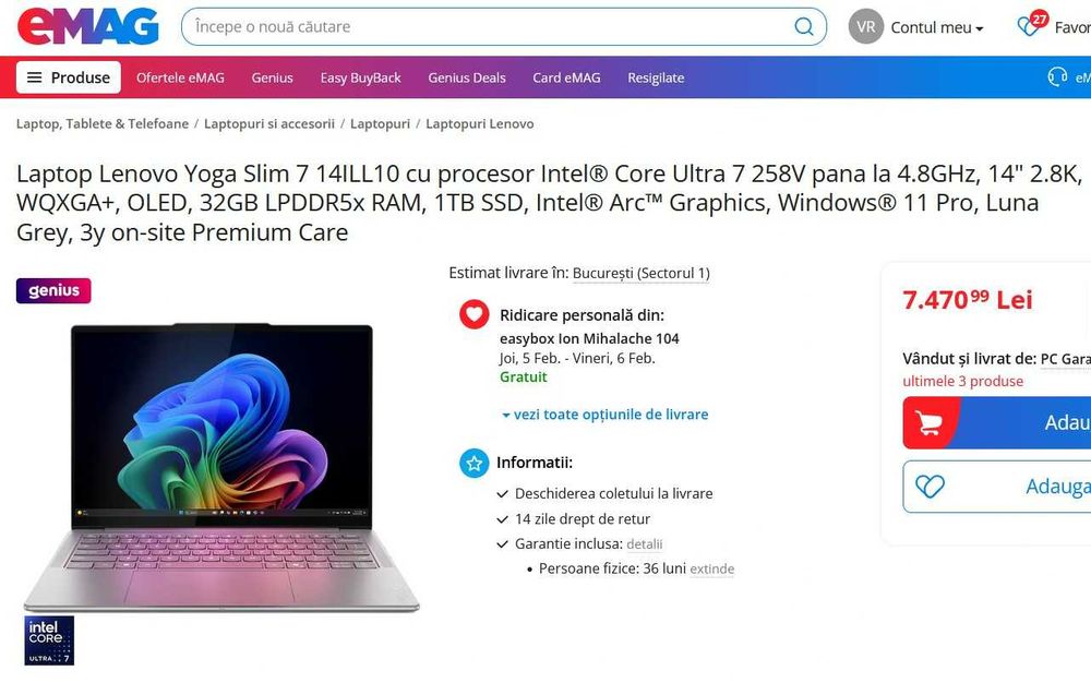 Lenovo YOGA 7 Intel Ultra 7 258V 32GB 1TB 14" 2.8K OLED WQXGA+ 120Hz