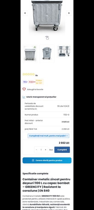 Pubela metalica 1100L container tomberon deseuri gunoi reciclare