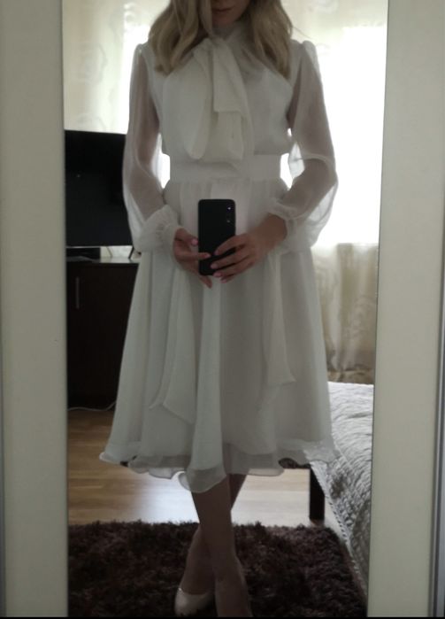 Rochie cununie -albă midi, mătase naturală, mărime S