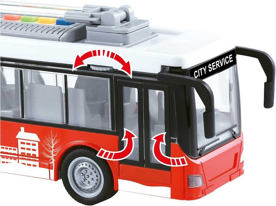 Jucarie Autobuz urban cu lumini, sunete, deschidere usi, 28 cm, rosu