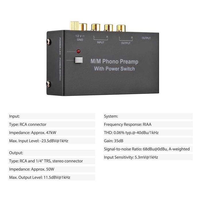 Preamplificator Phono M/M comutator alimentare,ultracompact pickup RCA