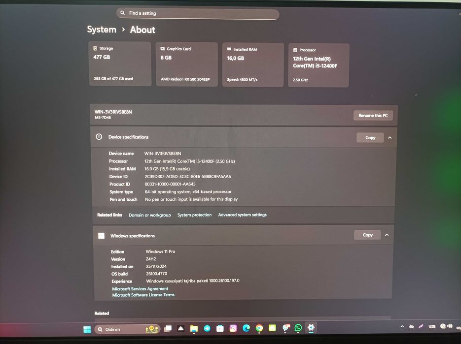 MSI kompyuter ddr5 pc i5 12400f